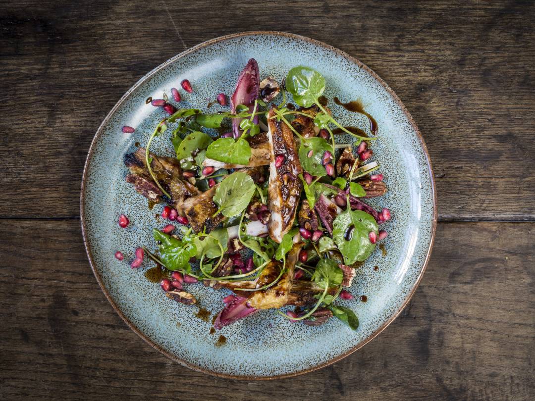 Grilled pheasant salad pomegranate wet walnuts port dressing 1 web